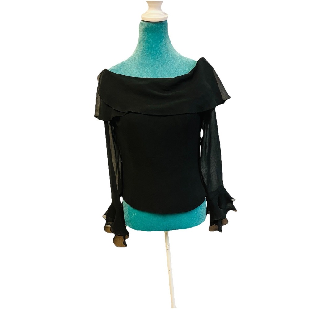 Chetta B 100% Silk Black Off Shoulder Blouse Sheer Bell Sleeve Size‎ 6